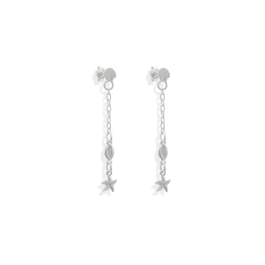 Produto Brinco Feminino de Prata 925 Concha com Corrente Búzio e Estrela do mar