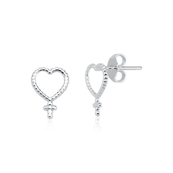 Produto Brinco Feminino de Prata 925 Coração Detalhado e Cruz