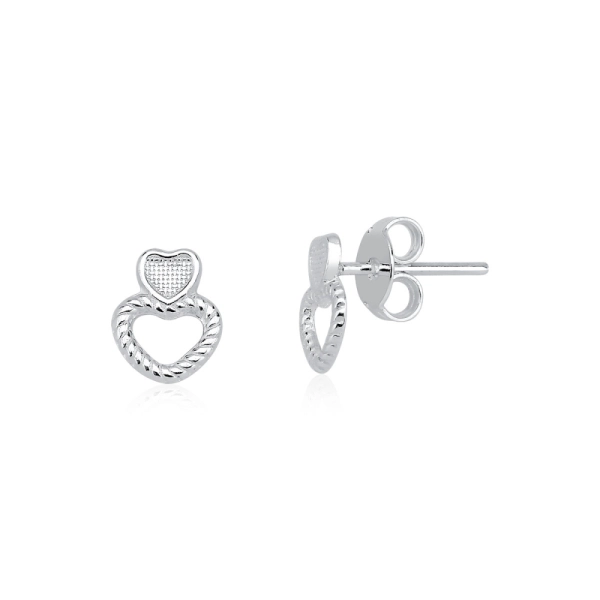 Produto Brinco Feminino de Prata 925 Coração Duplo Detalhado e Vazado