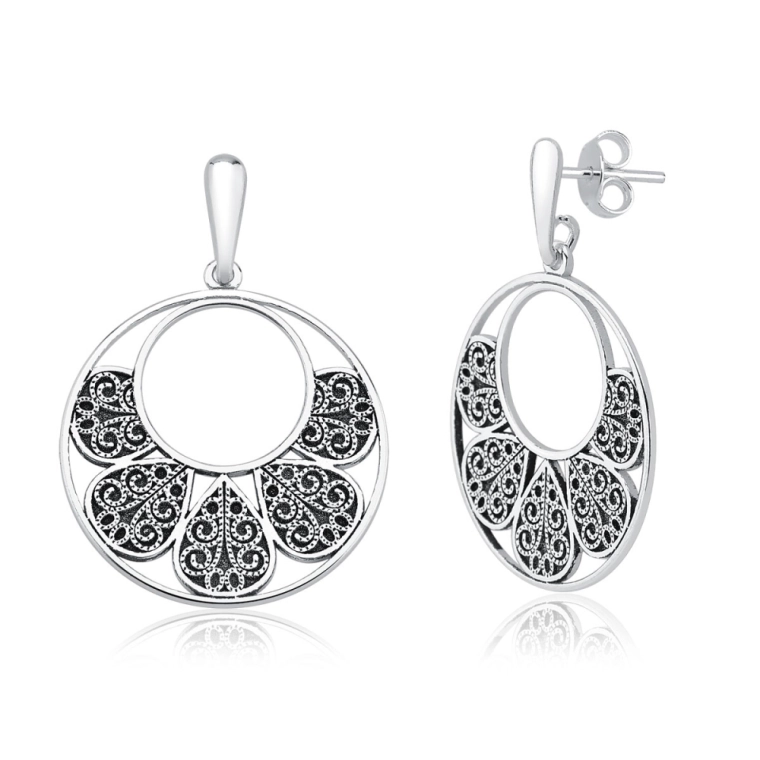 Produto Brinco Feminino de Prata 925 Flores Vazadas e Trabalhadas