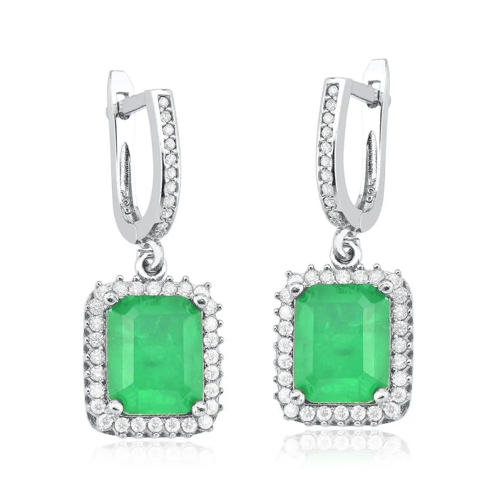Produto Brinco Feminino de Prata 925 Retangular com zircônia Verde Esmeralda