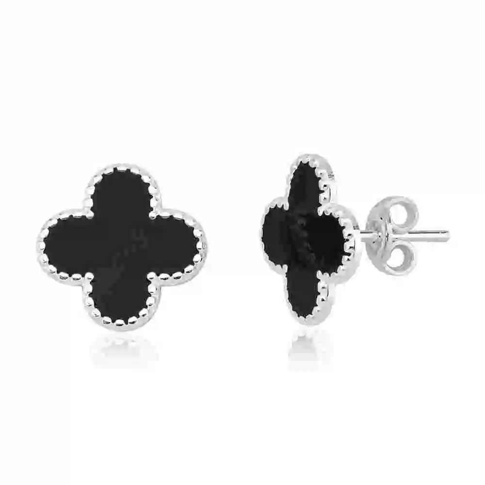 Produto Brinco Feminino de Prata 925 Trevo Onix com 1,2cm