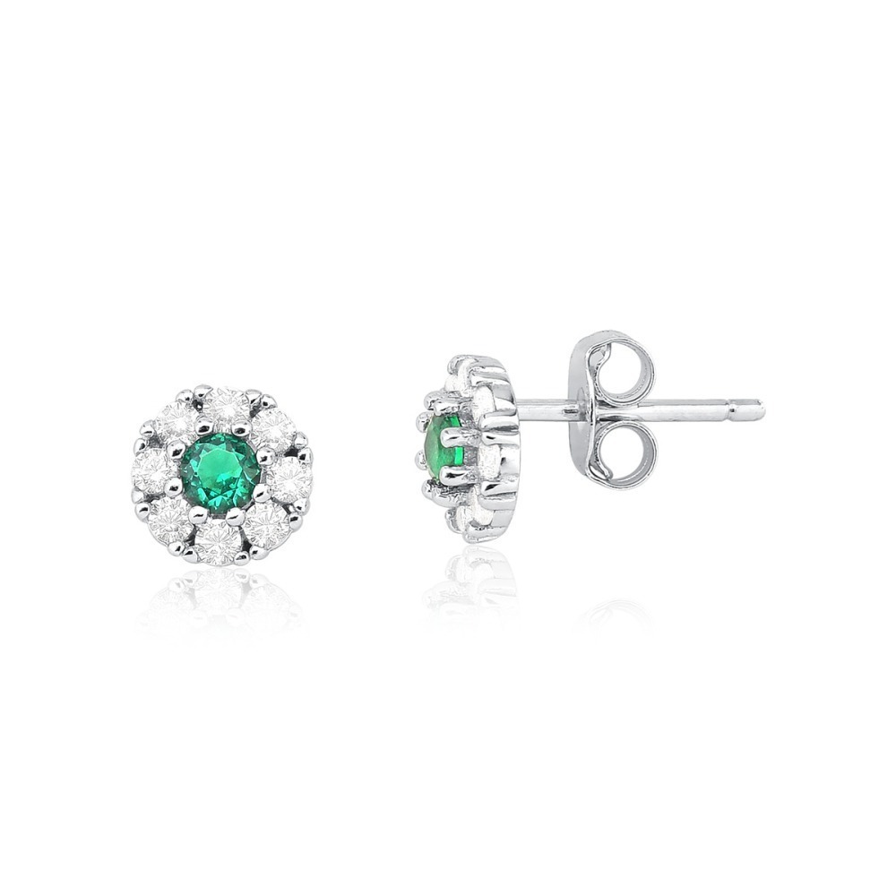 Produto Brinco Feminino de Prata 925 Verde Esmeralda Redondo com mini Zircônias