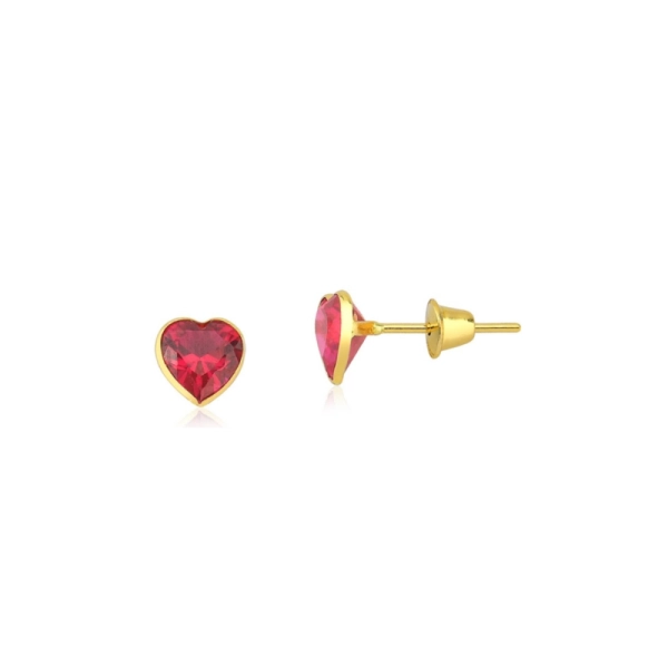 Produto Brinco Infantil de Ouro 18k Coração Rubi com 4mm