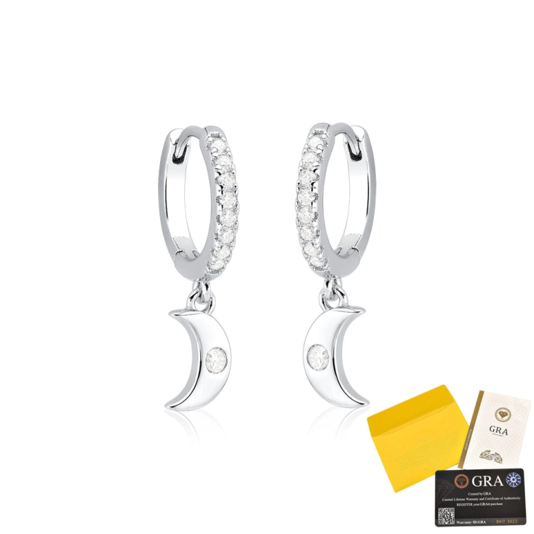 Brinco Moissanite de Prata 925 Argola com Lua Cravejada e Pendente Produto Brinco Moissanite de Prata 925 Argola com Lua Cravejada e Pendente