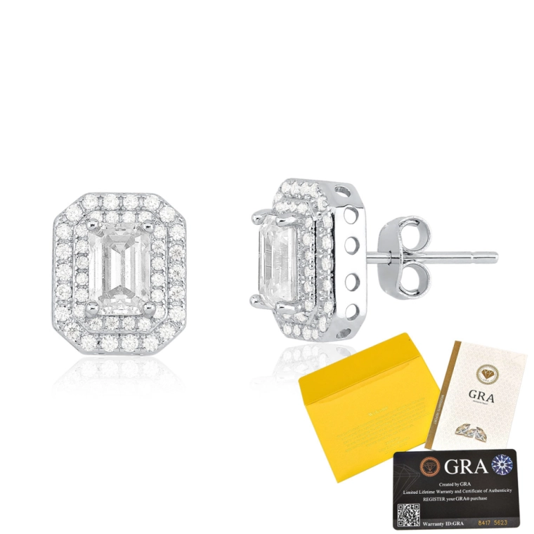 Produto Brinco Moissanite de Prata 925 Lapidação Retangular Cravejado