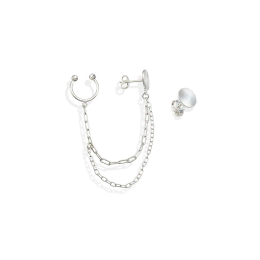 Produto Brinco Feminino de Prata 925 Redondo Diamantado com 1 lado Corrente e Piercing