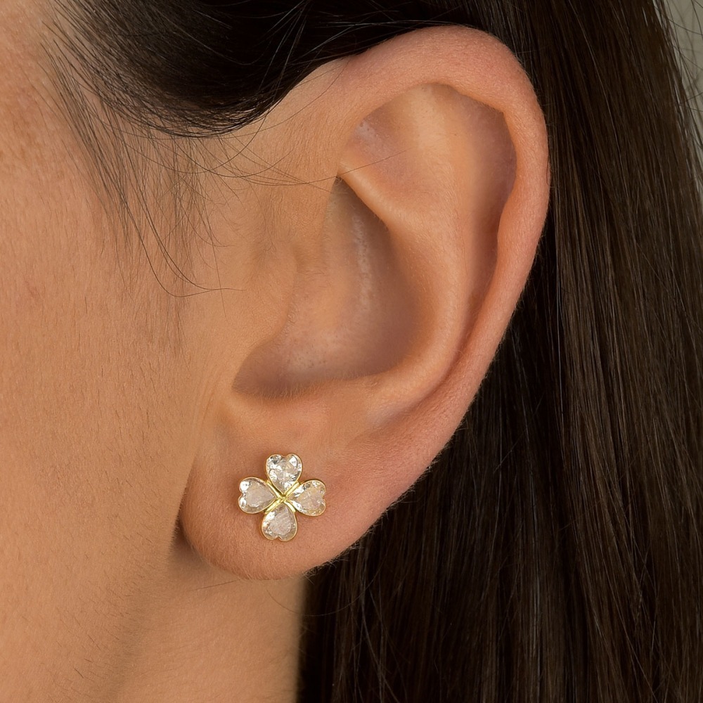 Produto Brinco trevo corações com zircônias cristal Ouro 18k
