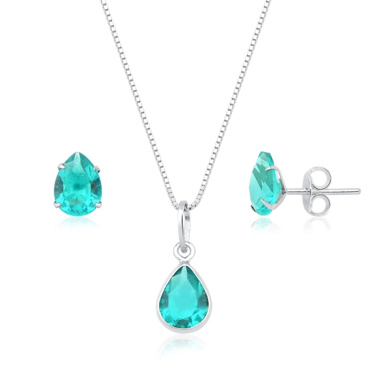 Conjunto Brinco e Colar de Prata 925 Gota Turmalina Produto Conjunto Brinco e Colar de Prata 925 Gota Turmalina