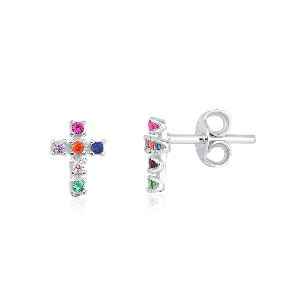 Produto Brincos prata 925 cruz mini colorida