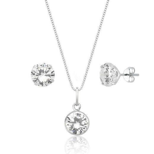 Produto Conjunto Brinco e Colar de Prata 925 Redondo Cristal