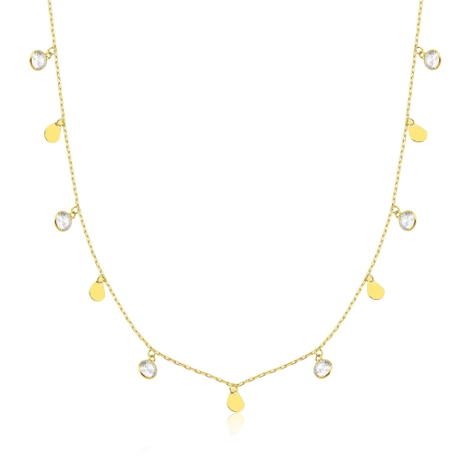 Produto Colar de Ouro 18k Elo Quadrado com zircônias e Gotas pendentes