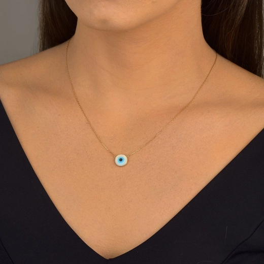 Produto Colar de Ouro 18k Elo Quadrado com 45cm e Olho Grego em Madreperola