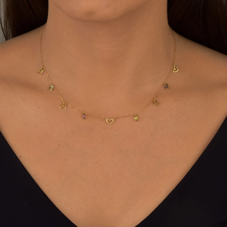 Colar de Ouro 18k Pingentes Corações e Safiras Colorida Produto Colar de Ouro 18k Pingentes Corações e Safiras Colorida