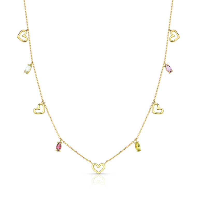 Colar de Ouro 18k Pingentes Corações e Safiras Colorida Produto Colar de Ouro 18k Pingentes Corações e Safiras Colorida