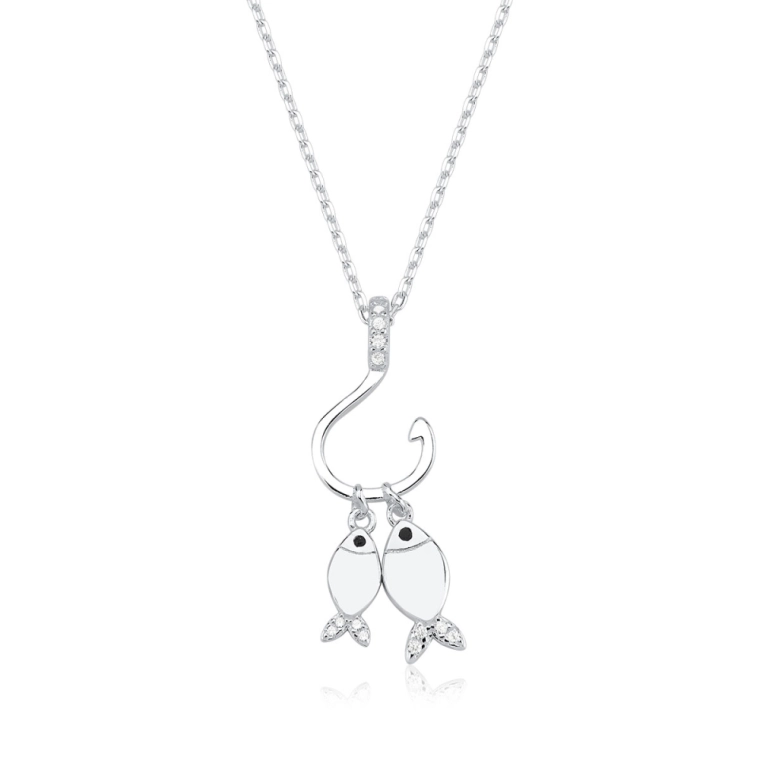Produto Colar Feminino de Prata 925 Anzol com Peixinhos Pendurados