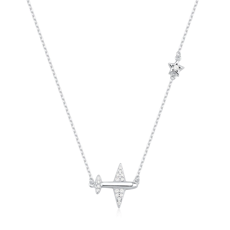 Colar Feminino de Prata 925 Aviãozinho Cravejado Produto Colar Feminino de Prata 925 Aviãozinho Cravejado
