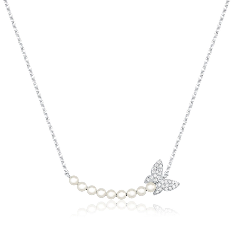 Produto Colar Feminino de Prata 925 Borboleta e Pérolas