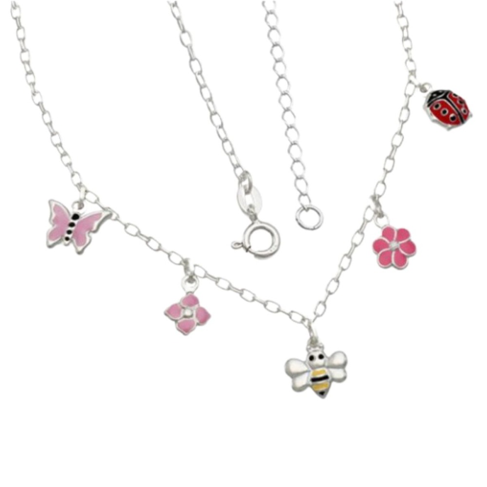 Produto Colar Feminino de Prata 925 com Joaninha Abelha Borboleta e 2 Flores 