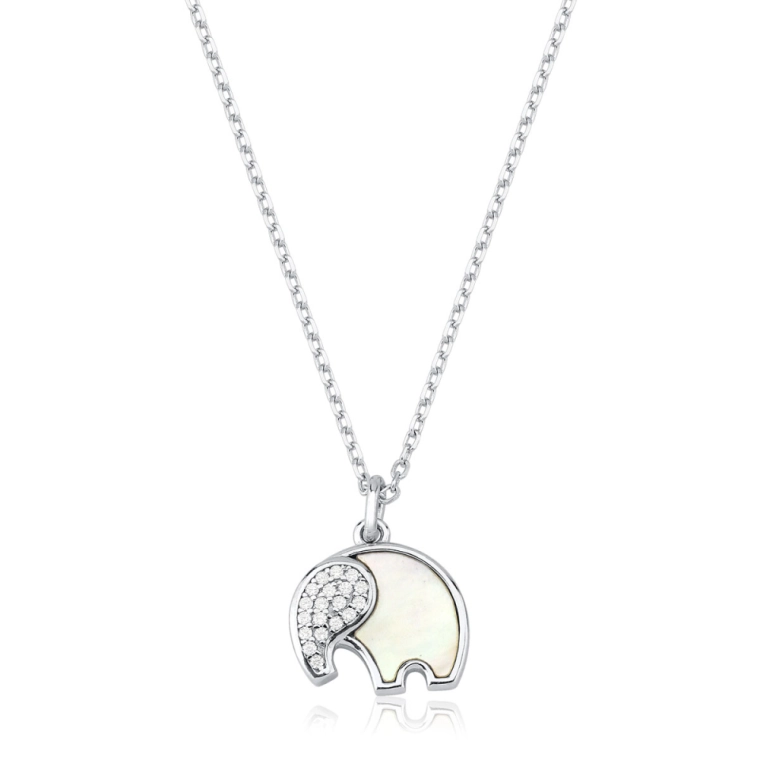 Produto Colar Feminino de Prata 925 Elefante Madrepérola e Zircônias