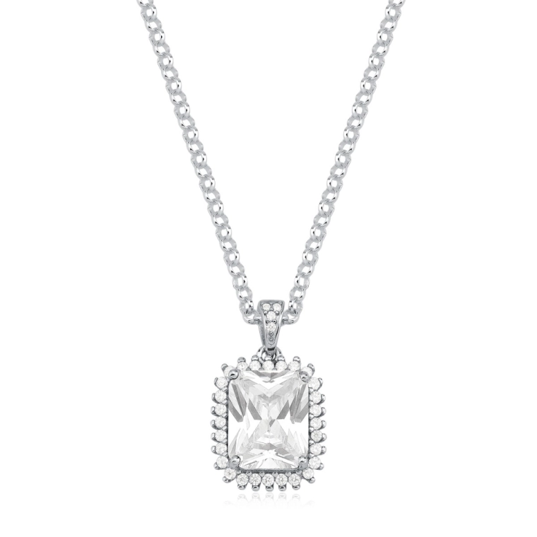 Produto Colar Feminino de Prata 925 Elo Português e Retangular Cravejado
