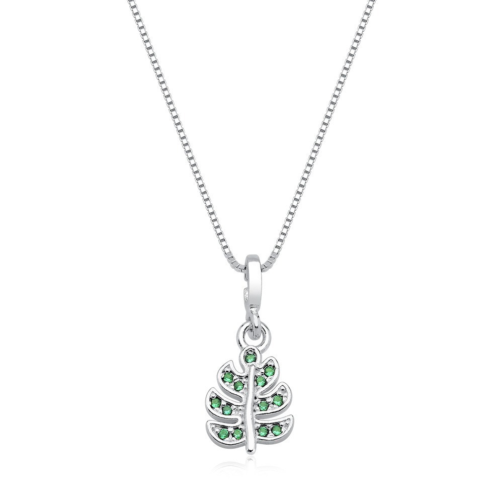 Produto Colar Feminino de Prata 925 Folha com zircônia Verde