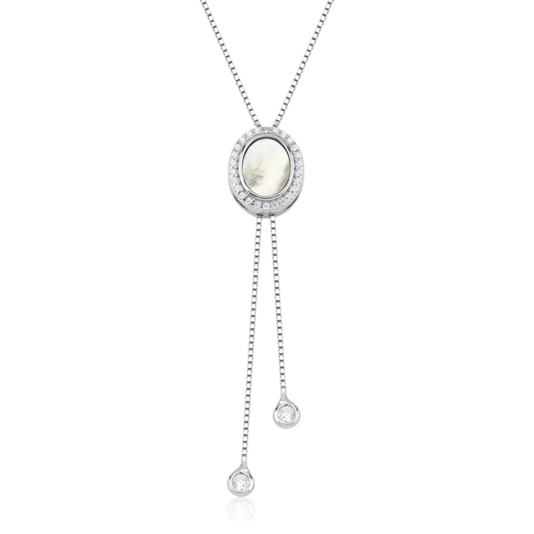 Produto Colar Feminino de Prata 925 Gravatinha Redondo com Madrepérola e Ponto de Luz