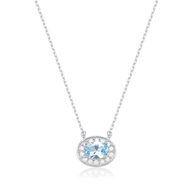 Colar Feminino de Prata 925 Oval Azul Claro e Cravejada Produto Colar Feminino de Prata 925 Oval Azul Claro e Cravejada