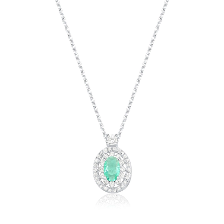 Colar Feminino de Prata 925 Oval Verde Água Cravejado e Ponto de Luz Produto Colar Feminino de Prata 925 Oval Verde Água Cravejado e Ponto de Luz