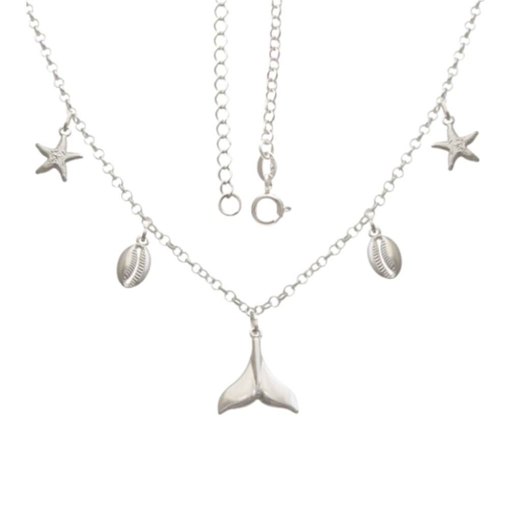 Colar Feminino de Prata 925 Rabo de Sereia com Estrela do Mar e Búzio Produto Colar Feminino de Prata 925 Rabo de Sereia com Estrela do Mar e Búzio