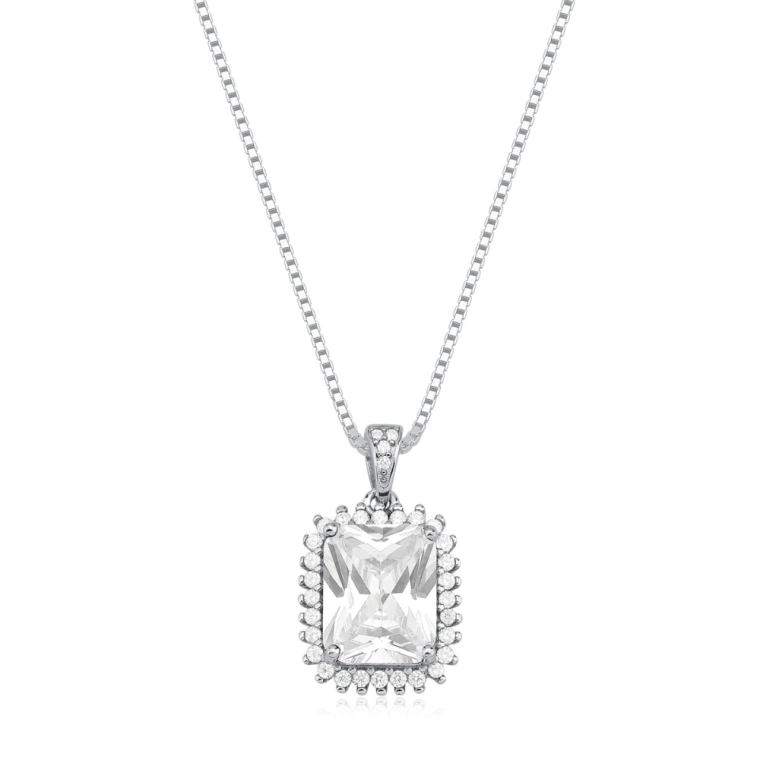 Colar Feminino de Prata 925 Veneziana e Retangular Cravejado Produto Colar Feminino de Prata 925 Veneziana e Retangular Cravejado