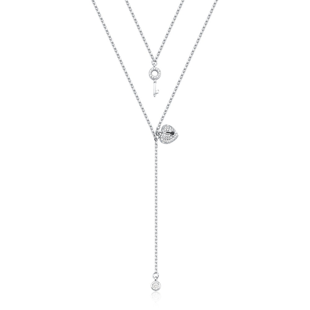 Produto Colar Feminino Duplo de Prata 925 Coração e Chave pendente