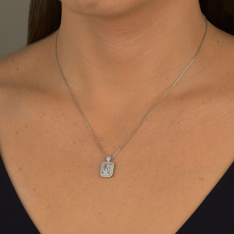 Produto Colar Moissanite de Prata 925 Lapidação Retangular 2 Fileiras Cravejadas