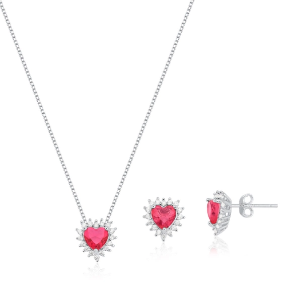 Conjunto Brinco e Colar de Prata 925 Coração Cravejado Cereja Produto Conjunto Brinco e Colar de Prata 925 Coração Cravejado Cereja
