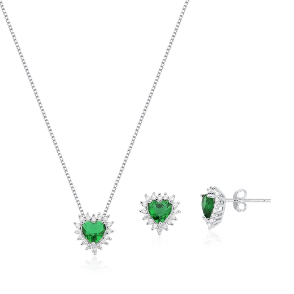 Produto Conjunto Brinco e Colar de Prata 925 Coração Cravejado Verde Esmeralda