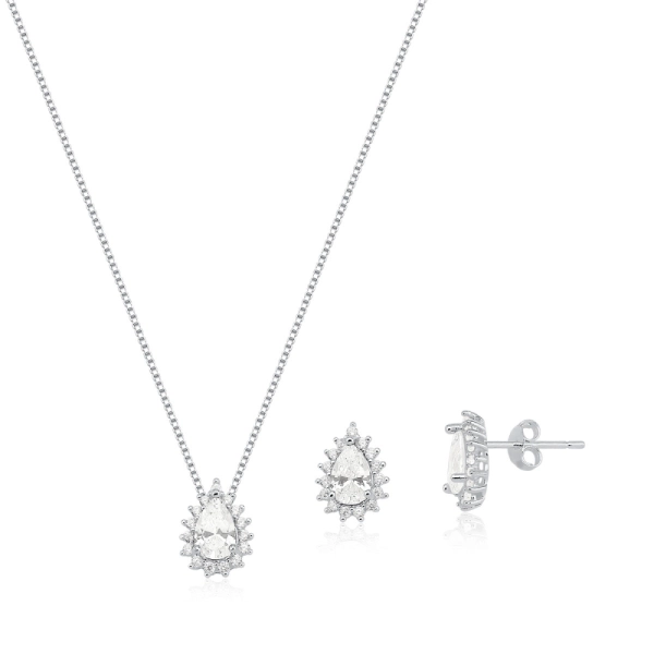 Conjunto Brinco e Colar de Prata 925 Gota Cravejada Cristal Produto Conjunto Brinco e Colar de Prata 925 Gota Cravejada Cristal
