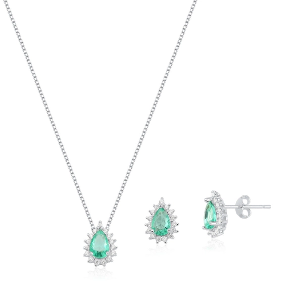 Conjunto Brinco e Colar de Prata 925 Gota Cravejada Verde Água Produto Conjunto Brinco e Colar de Prata 925 Gota Cravejada Verde Água