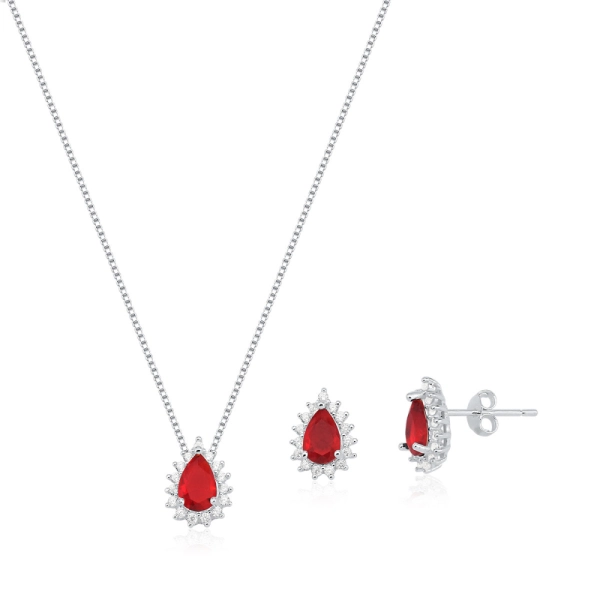 Conjunto Brinco e Colar de Prata 925 Gota Cravejada Vermelho Produto Conjunto Brinco e Colar de Prata 925 Gota Cravejada Vermelho