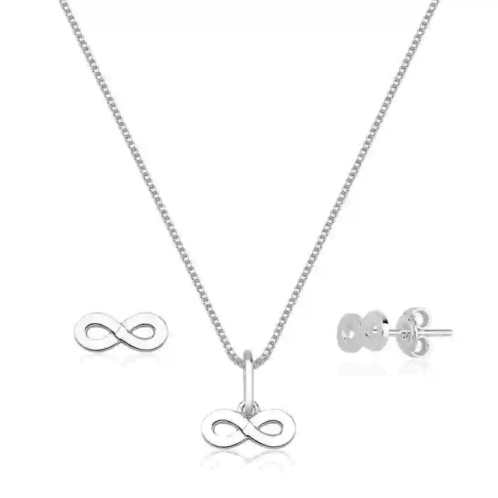 Produto Conjunto Brinco e Colar de Prata 925 Infinito Liso com 45cm