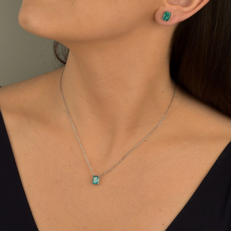 Conjunto Brinco e Colar de Prata 925 Lapidação Retangular Produto Conjunto Brinco e Colar de Prata 925 Lapidação Retangular