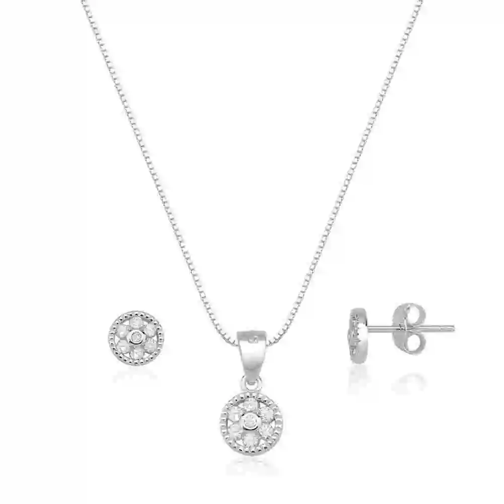 Conjunto Brinco e Colar de Prata 925 Redondo Cravejado Cristal Produto Conjunto Brinco e Colar de Prata 925 Redondo Cravejado Cristal