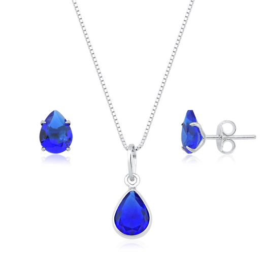 Produto Conjunto Brinco e Colar de Prata 925 Gota Azul Bic