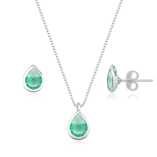 Produto Conjunto de brincos femininos e colar de prata 925 Gota Cravação Inglesa Verde Agua