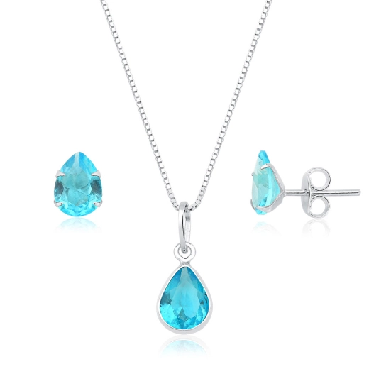 Produto Conjunto Brinco e Colar de Prata 925 Gota Azul Tiffany
