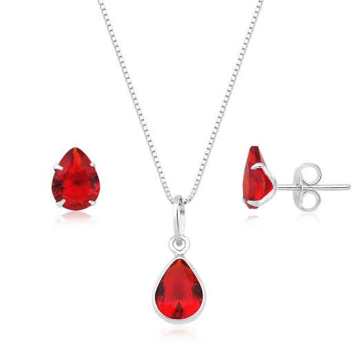 Produto Conjunto Brinco e Colar de Prata 925 Gota Vermelho