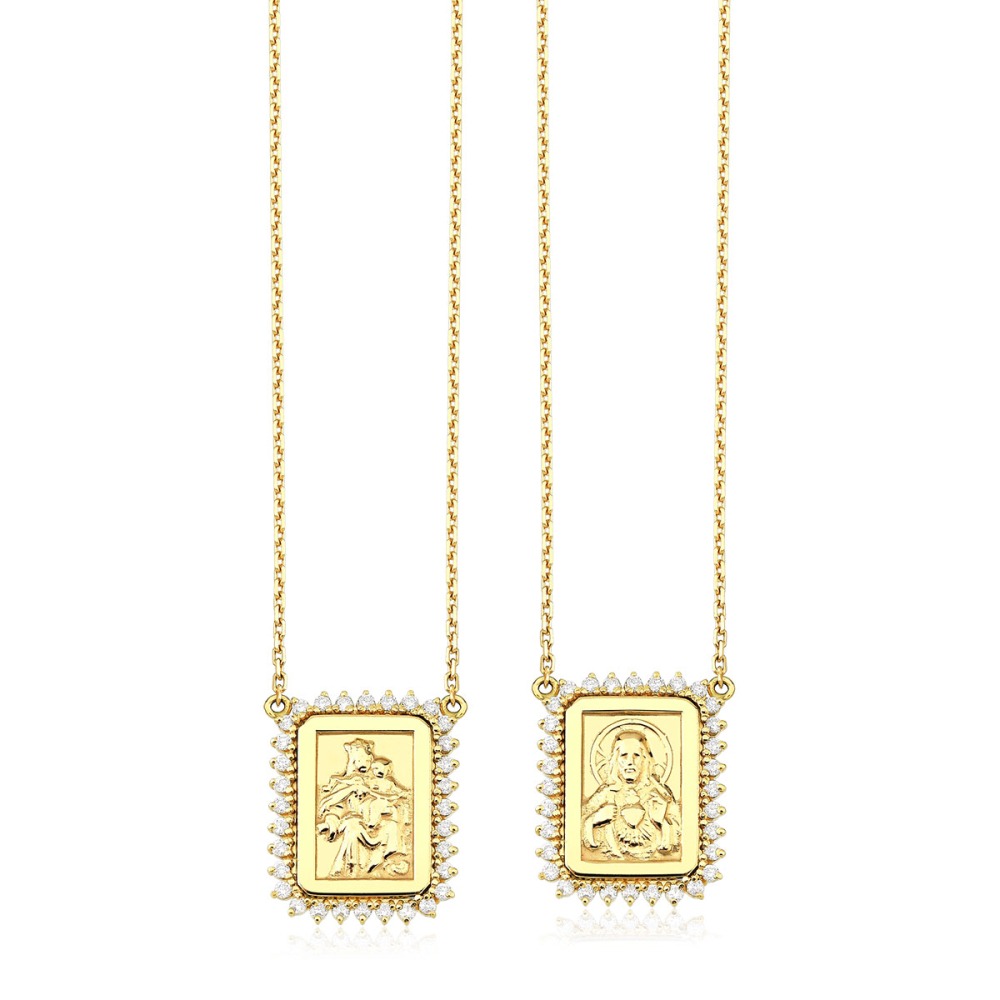Produto Escapulário de Ouro 18k Sagrado Coração Jesus com Diamantes