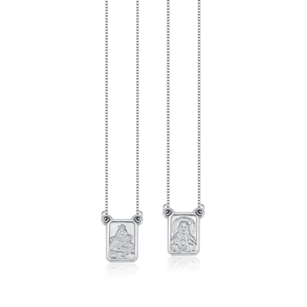 Produto Escapulário de Ouro Branco Veneziana com Sagrado Coração Jesus e N. Sra. Carmo