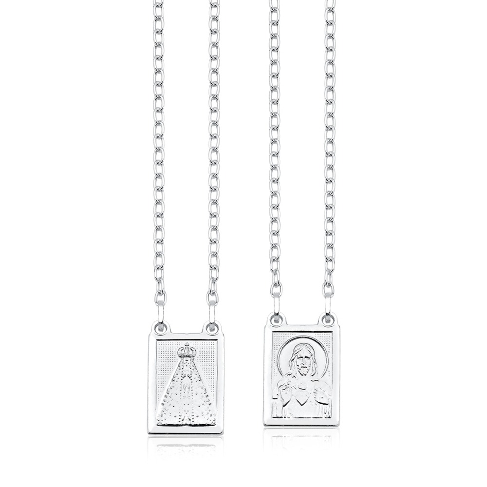 Produto Escapulário de Prata 925 Cartier Sagrado Coração Jesus e Nossa Senhora Aparecida