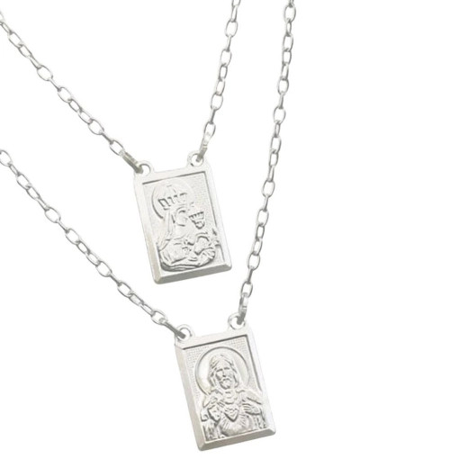 Produto Escapulário Masculino de Prata 925 Sagrado Coração Jesus e Nossa Senhora do Carmo