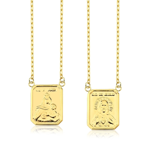 Produto Escapulario ouro 18k Cartier medalha grande Nossa Senhora e Sagrado Coração de Jesus